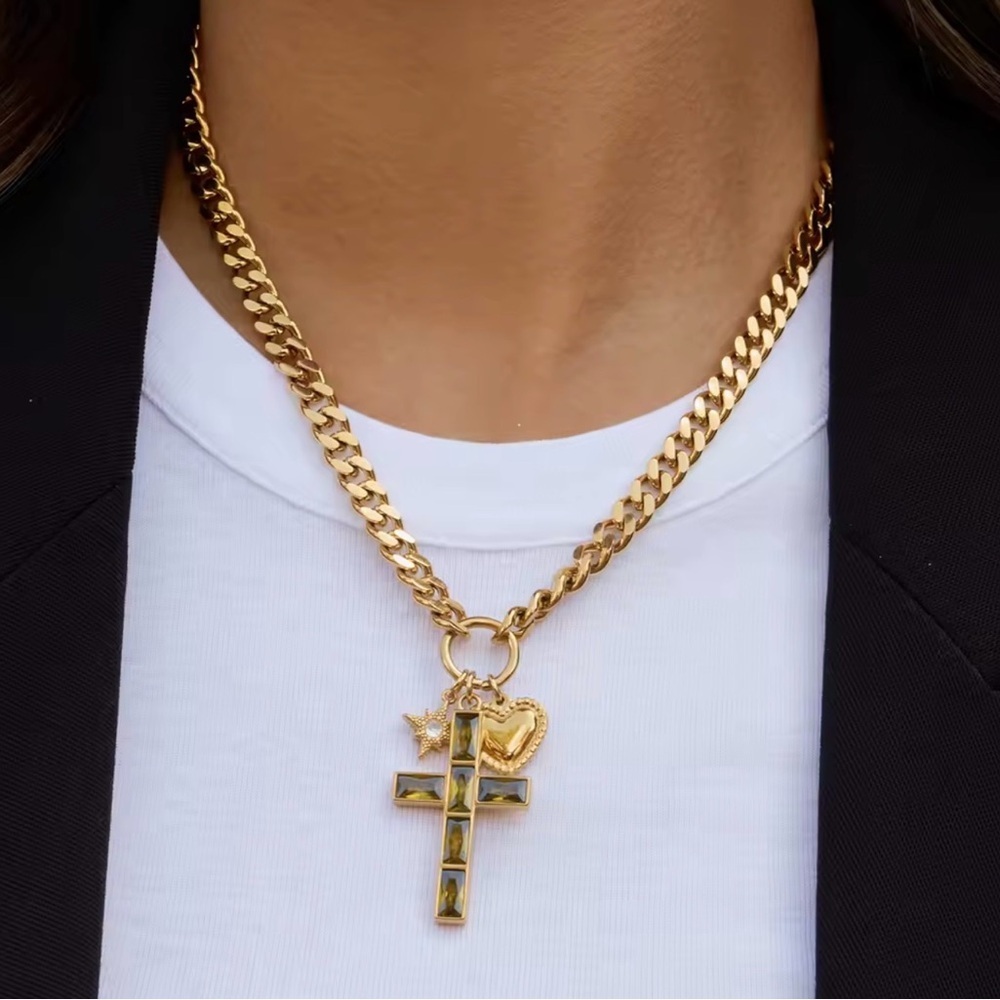 18K Gold Plated Chunky Curb Chain Green Baguette Cross Necklace Multi-Charm